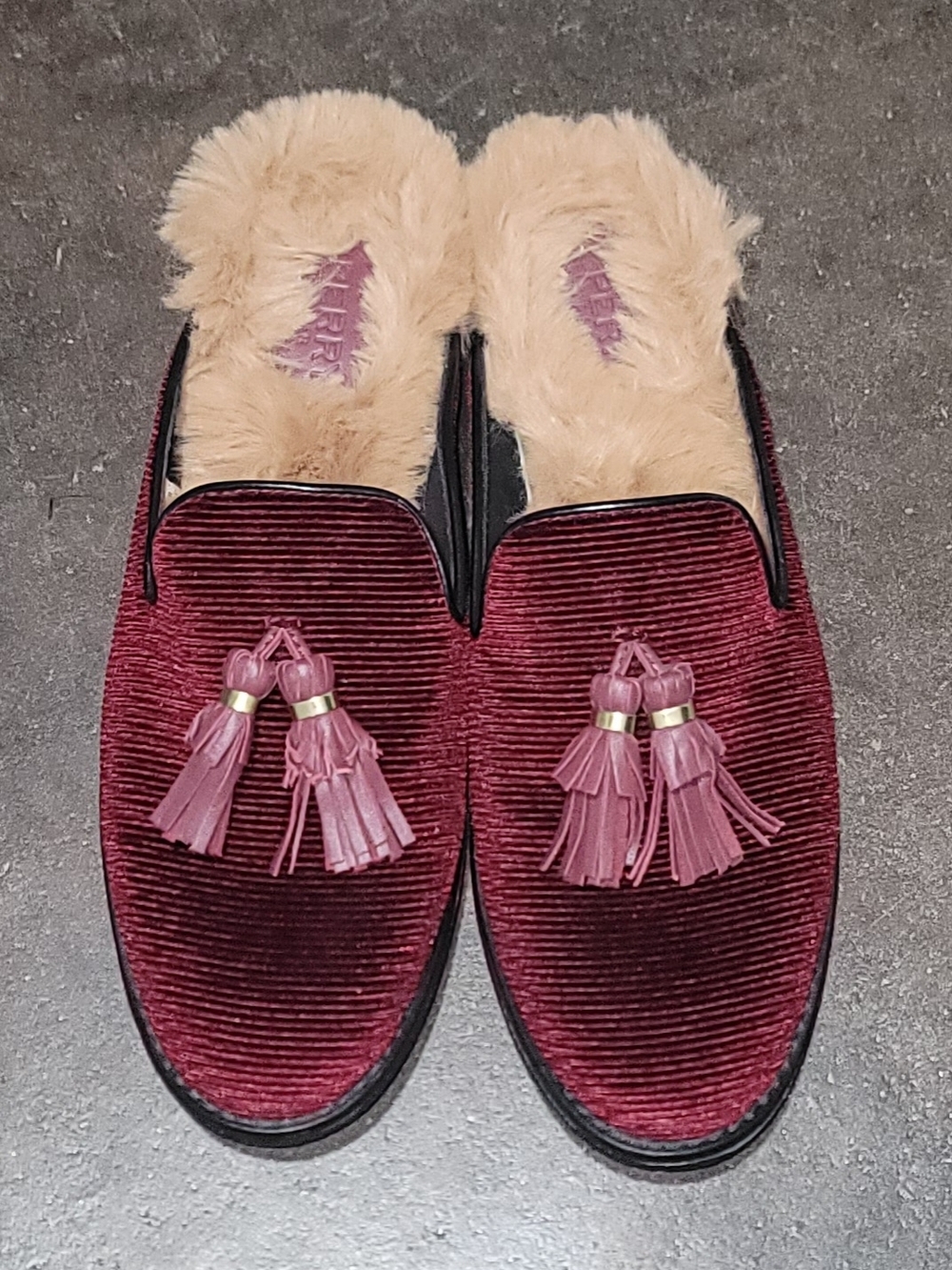 Sperry Women's Burgundy Velvet Tassel Mules with Faux Fur Trim